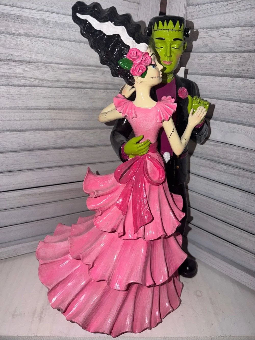 Dancing Pink Bride and Frankenstein Groom Figurine - Halloween Decor